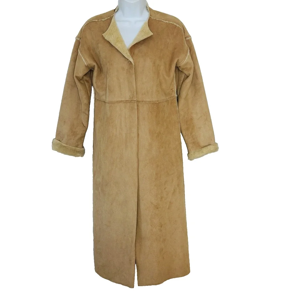 Banana Republic Faux Suede Long Coat Shearling Lined XS Tan Penny Lane Y2K Italy